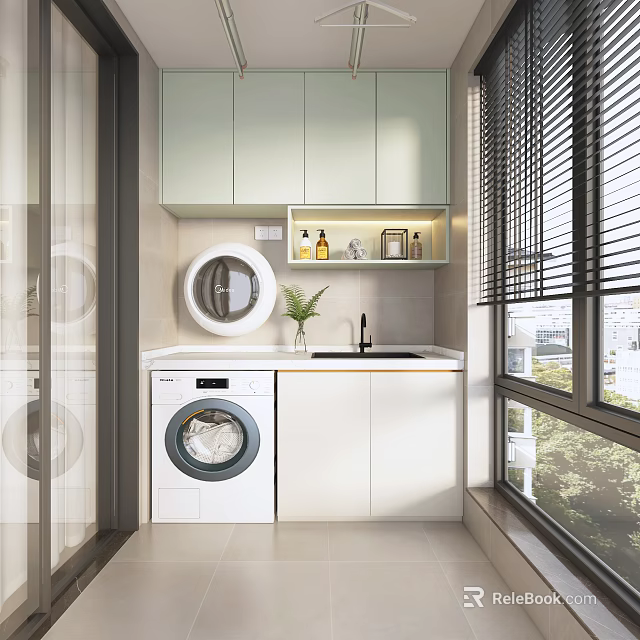 Modern Home Balcony Interior With Washing Machine Sink Cabinets And Window Blinds 3d model 