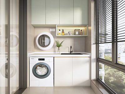 Modern Home Balcony Interior With Washing Machine Sink Cabinets And Window Blinds 3d model