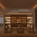 Traditional Teahouse Featuring Marble Front Desk Landscape Painting Backdrop Japanese Shoji Doors And Wooden Bookshelf