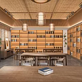 Book Art Themed Traditional Reading Room With Wooden Shelves And Lanterns