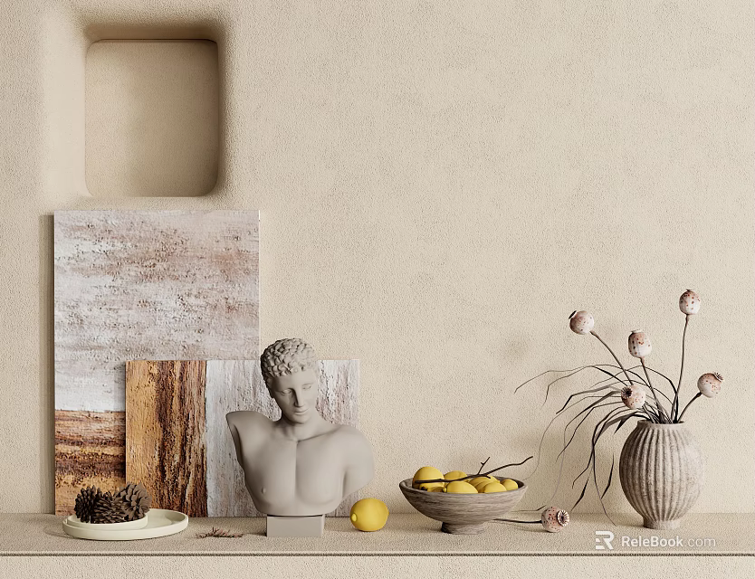 Decorative Ornament Set with Bust Sculpture Lemon Bowl Dried Flower Vase and Artwork 3d model 
