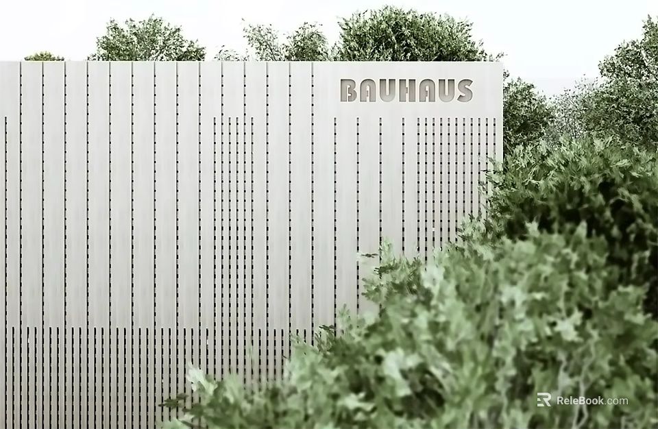 Bauhaus Feature Wall With Vertical Slats Perforations And Green Shrubs Modern Design 3d model 