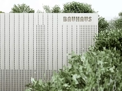 Bauhaus Feature Wall With Vertical Slats Perforations And Green Shrubs Modern Design 3d model