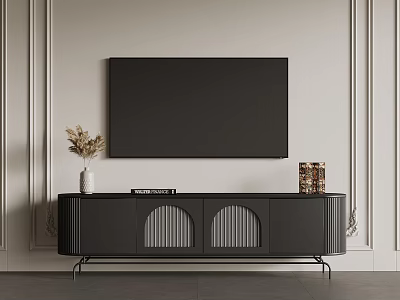 Modern Living Room with Black TV Stand Flat Screen TV Vase Dried Flowers and Decorative Jars 3d model