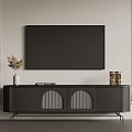 Modern Living Room with Black TV Stand Flat Screen TV Vase Dried Flowers and Decorative Jars