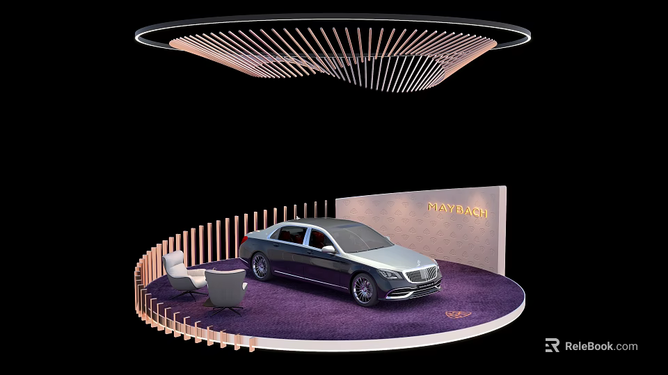 Elegant TRINITY Exhibition Island With Car Purple Carpet And Chairs 3d model 