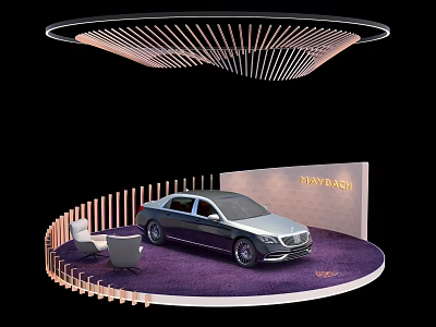 Elegant TRINITY Exhibition Island With Car Purple Carpet And Chairs 3d model