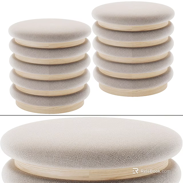 Stackable Round Padded Stools With Beige Cushion And Wooden Legs For Home Use 3d model