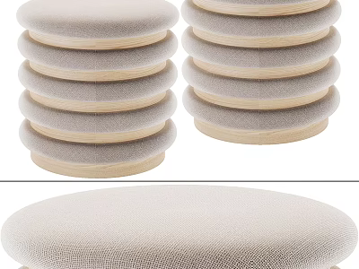 Stackable Round Padded Stools With Beige Cushion And Wooden Legs For Home Use 3d model