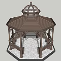 Brown Hexagonal Gazebo With Domed Roof Intricate Lattice Railings And Stone Floor