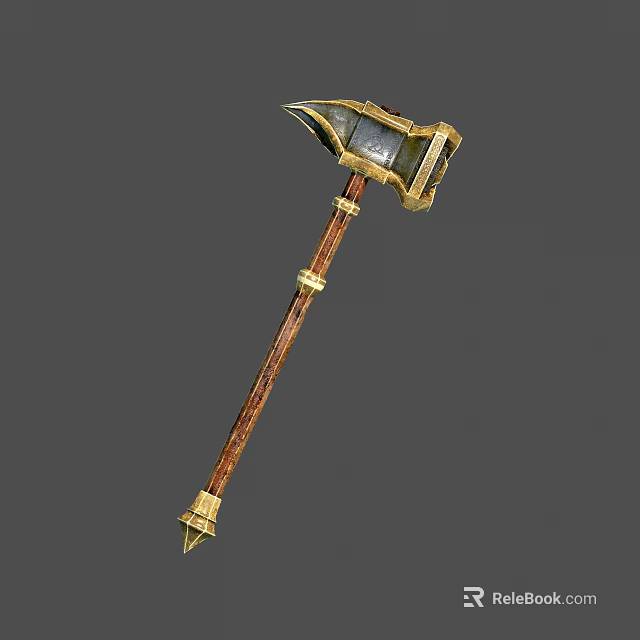 Ornate Battle Axe With Golden Head And Wooden Handle Intricate Design Details 3d model 