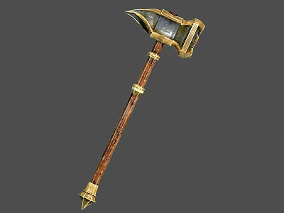 Ornate Battle Axe With Golden Head And Wooden Handle Intricate Design Details 3d model