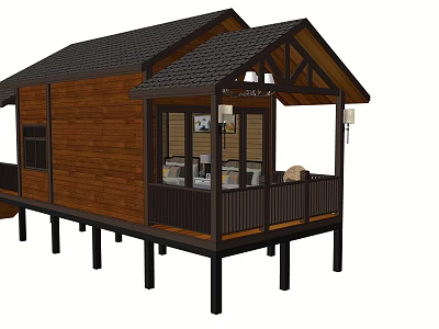 Stilted Wooden House With Brown Exterior Black Roof Porch Railing And Chairs 3d model