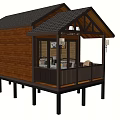 Stilted Wooden House With Brown Exterior Black Roof Porch Railing And Chairs