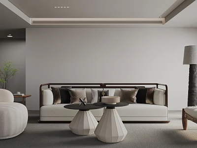 Modern Living Room With Beige Sofa Decorative Pillows Conical Coffee Tables Floor Lamp And Plant 3d model