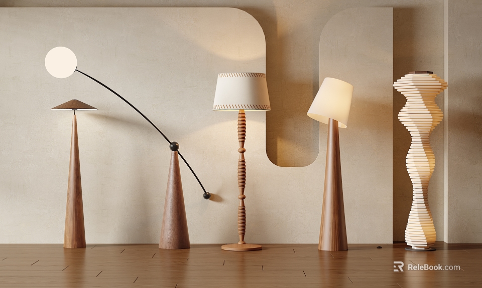 Elegant Wooden Floor Lamps With Various Designs Against Light Wall And Wooden Floor 3d model 