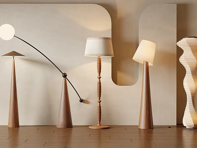 Elegant Wooden Floor Lamps With Various Designs Against Light Wall And Wooden Floor 3d model