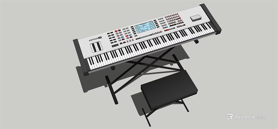 Professional Music Instrument Synthesizer Keyboard With Stand Stool Digital Screen And Control Buttons 3d model 