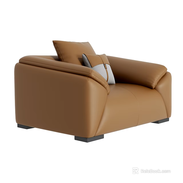 Modern Brown Leather Single Sofa With Accent Pillows And Black Legs Design 3d model