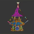 Cartoon Fairy House Scene With Green Leaf Roof Blue Door Wooden Structure And Crescent Moon Decoration