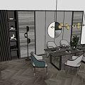 Modern Dining Table Set With Chairs Pendant Lights And Round Mirror In Interior 3d model
