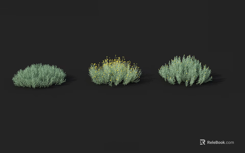 Three Varied Green Bushes with Middle Shrub Bearing Yellow Flowers 3d model 