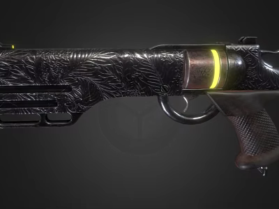 Black Shotgun With Engraved Patterns Yellow Striped Barrel And Dark Textured Grip 3d model
