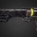 Black Shotgun With Engraved Patterns Yellow Striped Barrel And Dark Textured Grip