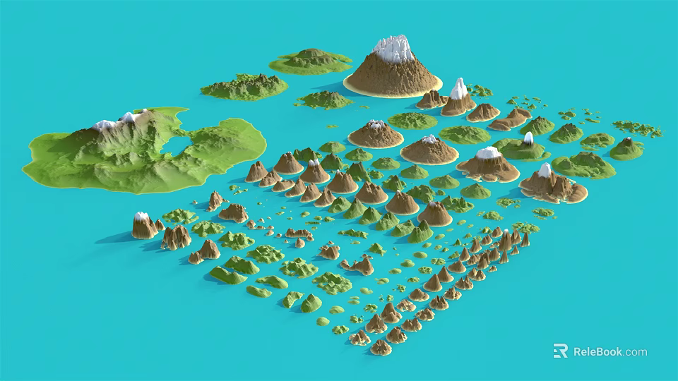 Realistic 3D Terrain Models with Mountains Islands and Volcanoes on Blue Background 3d model 