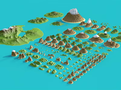 Realistic 3D Terrain Models with Mountains Islands and Volcanoes on Blue Background 3d model