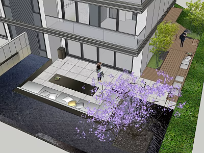 Modern Courtyard Garden With Stone Tile Flooring Purple Flowering Tree Water Feature And People 3d model