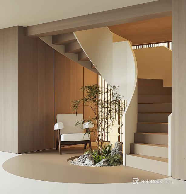 Modern Spiral Staircase With Wooden Walls White Chair Green Plants And Stone Decorations 3d model 