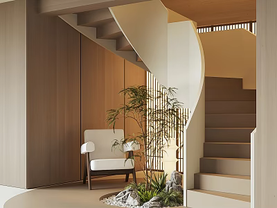 Modern Spiral Staircase With Wooden Walls White Chair Green Plants And Stone Decorations 3d model