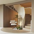 Modern Spiral Staircase With Wooden Walls White Chair Green Plants And Stone Decorations