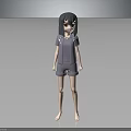 3D Anime Character Girl Standing In Gray Outfit With Red Eyes And Gray Hair