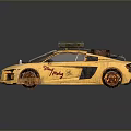Yellow Modified Sports Car With Roof Mounted Guns Red Wheels And Supers Lettering
