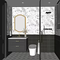Stylish Bathroom Interior Featuring Floral Wallpaper Black Tile Walls Gold Mirror And Geometric Floor