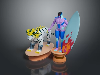 Mechanical Tiger And Humanoid Figure With Flame Surfboard On Orange Bases 3d model