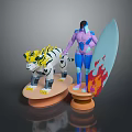 Mechanical Tiger And Humanoid Figure With Flame Surfboard On Orange Bases