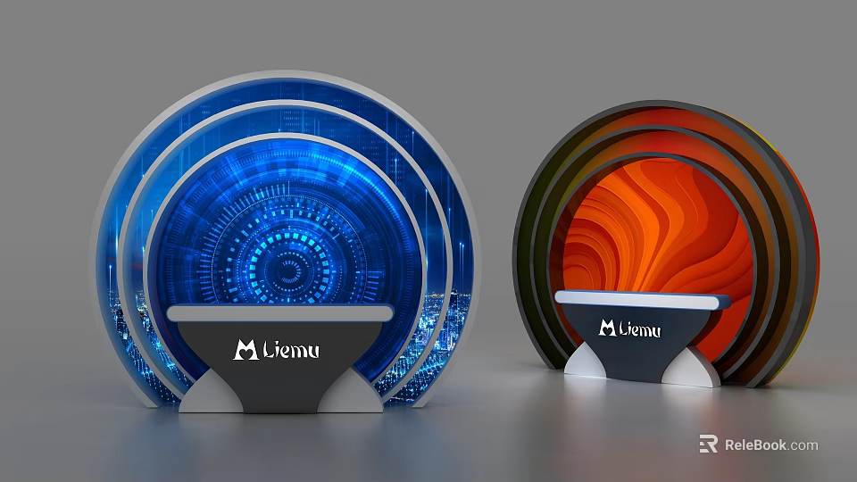 Display Shelves with Blue and Orange Circular Structures and Base Featuring M-venue Logo 3d model 