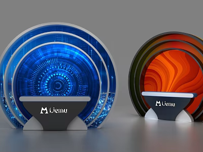 Display Shelves with Blue and Orange Circular Structures and Base Featuring M-venue Logo 3d model