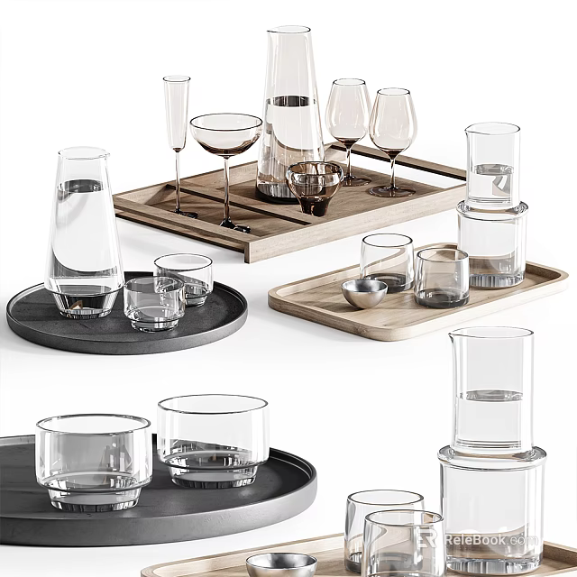 Transparent Glass Cups Wine And Water Glasses On Wooden Black Trays With Stacked Design 3d model 