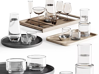 Transparent Glass Cups Wine And Water Glasses On Wooden Black Trays With Stacked Design 3d model