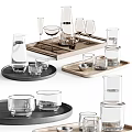 Transparent Glass Cups Wine And Water Glasses On Wooden Black Trays With Stacked Design