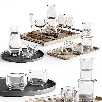 Transparent Glass Cups Wine And Water Glasses On Wooden Black Trays With Stacked Design 3d model