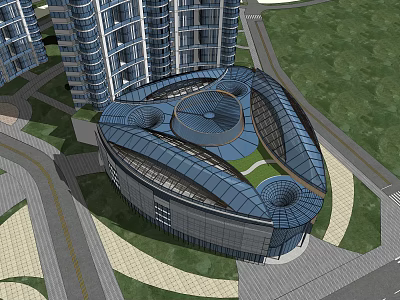 Modern Commercial Complex With Glass Curtain Walls And Unique Green Roof Design 3d model