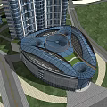 Modern Commercial Complex With Glass Curtain Walls And Unique Green Roof Design