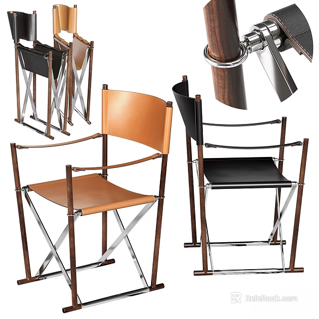 Modern Single Chair With Leather Seat Wooden Frame And Metal Cross Legs In Brown Black 3d model 