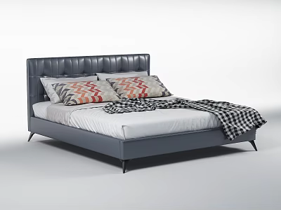 Modern Double Bed With Leather Headboard Geometric Pillows And Checkered Blanket 3d model