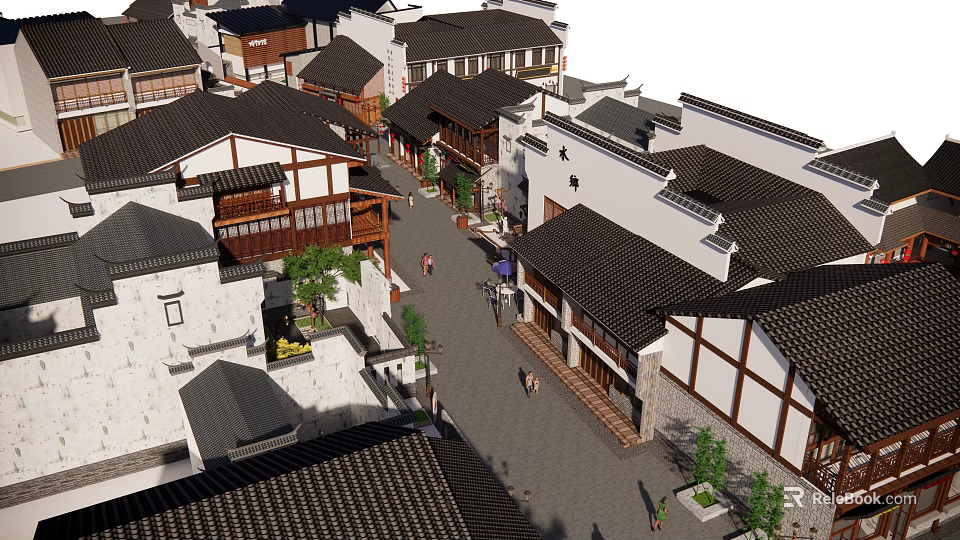 Traditional Chinese Commercial Street With Black Tiled Roofs White Walls Green Plants And Pedestrian Walkway 3d model 